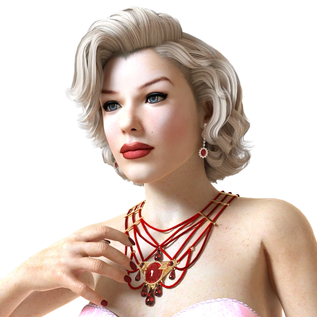 a woman in a pink dress posing for a picture, a digital rendering, inspired by Marilyn Bendell, red jewelry, octante render, bust with a beautiful neck, silver gold red details