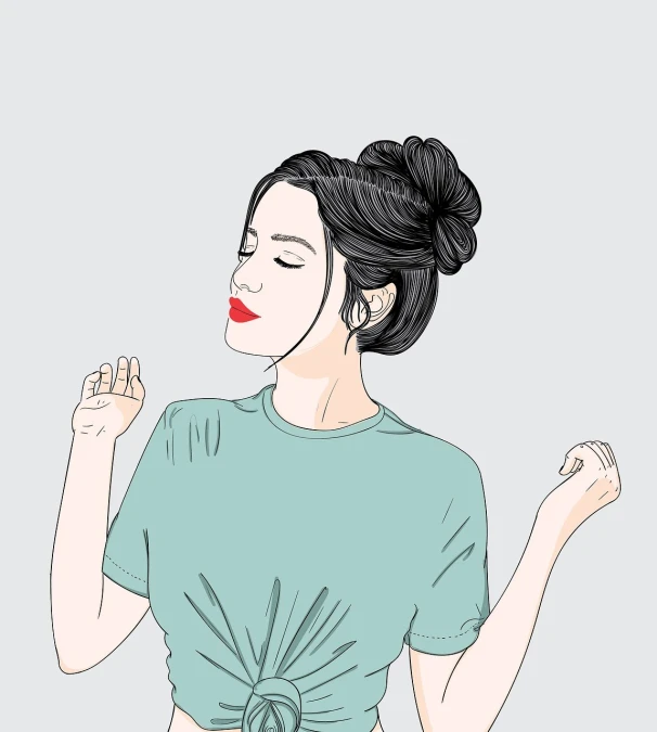 a drawing of a woman with her eyes closed, vector art, inspired by JoWOnder, pop art, she is dancing. realistic, clean lineart and flat color, handsome girl, bun )