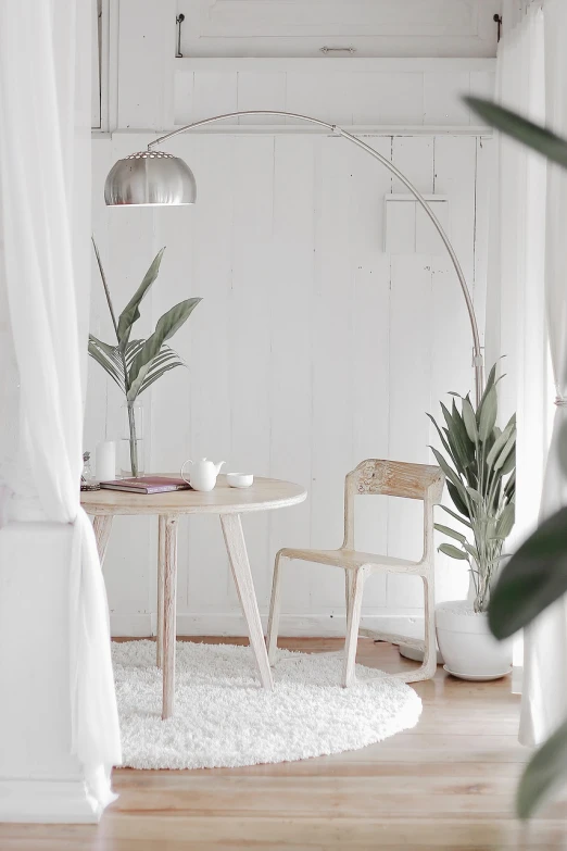 a room with a table a chair and a lamp, pexels contest winner, light and space, white color scheme, product introduction photo, plant photography, white sweeping arches