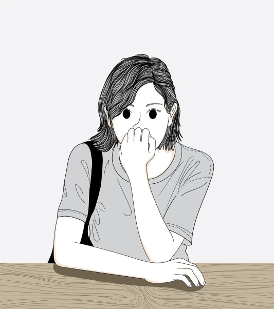 a woman sitting at a table covering her face, inspired by Junji Ito, serial art, vector style drawing, slight smile expression, drawing style, human staring blankly ahead