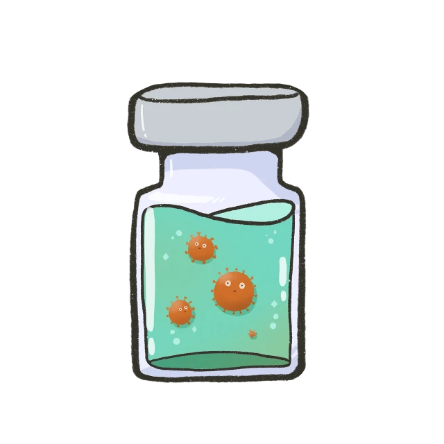 a close up of a bottle of liquid with germs in it, an illustration of, by Hiroyuki Tajima, pixabay, style of the game rimworld, aquarium, on a flat color black background, cartoon style illustration