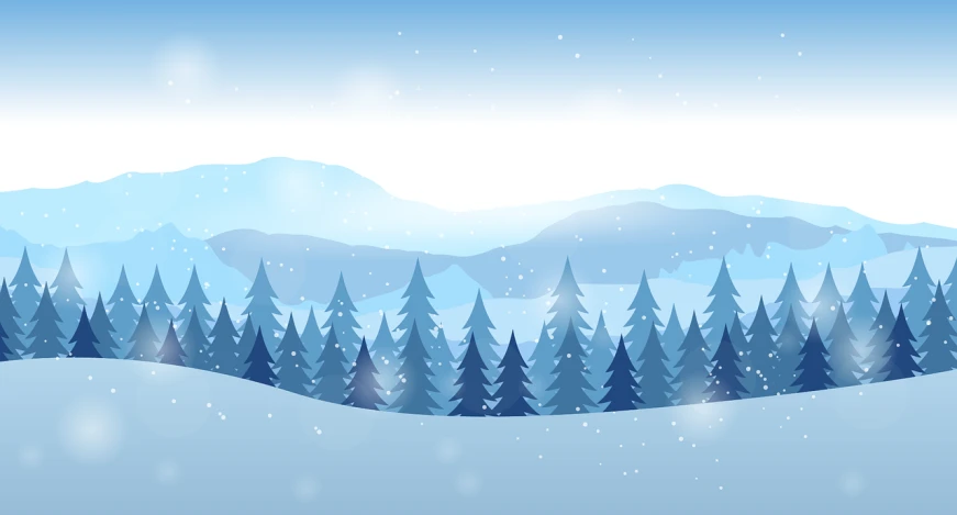 a snowy landscape with trees and mountains in the background, an illustration of, shutterstock, simple and clean illustration, hillside, 8k --height 768, winter blue drapery