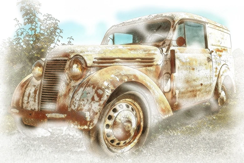 an old rusted truck parked on the side of the road, a colorized photo, photorealism, drawn with photoshop, partially covered with dust, car sketch, photorealistic!