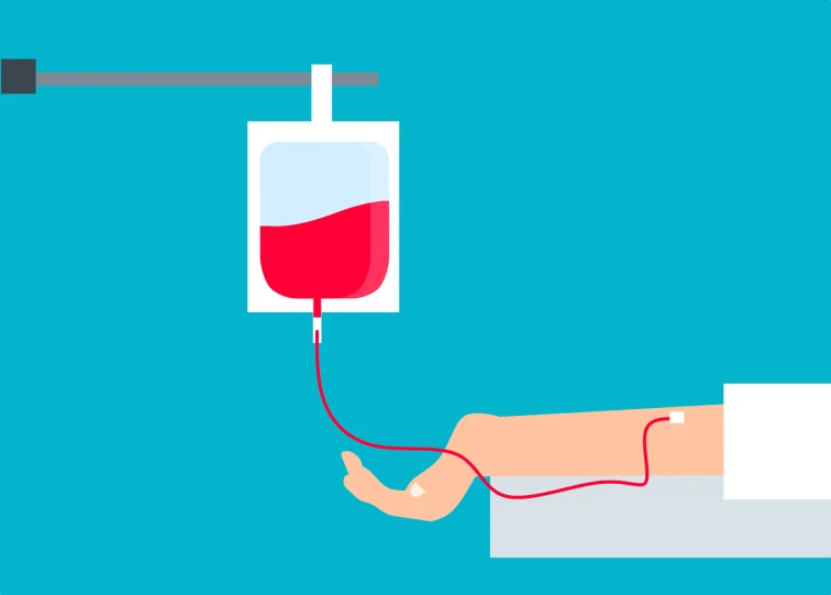 a person is hooked up to a blood bag, an illustration of, by Matija Jama, shutterstock, blue and red color scheme, pools of blood, sleek design, really long