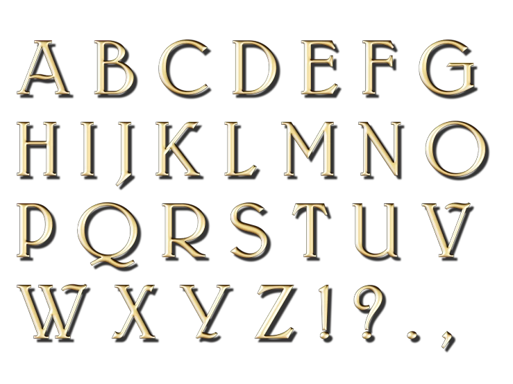 a set of gold letters on a black background, inspired by Zsolt Bodoni, shutterstock, roman setting, arcadia, no type, stone