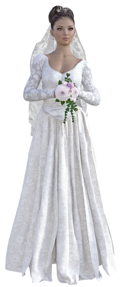 a woman in a wedding dress holding a bouquet, a digital rendering, inspired by Edmund Leighton, pixabay, on a mannequin. high resolution, detailed intricate render, queen margherita of savoy, white hijab