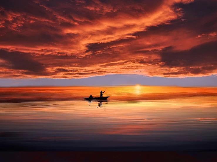 a person in a small boat on a body of water, a picture, by Tom Carapic, romanticism, large twin sunset, fisherman, amazing background, beautiful sky