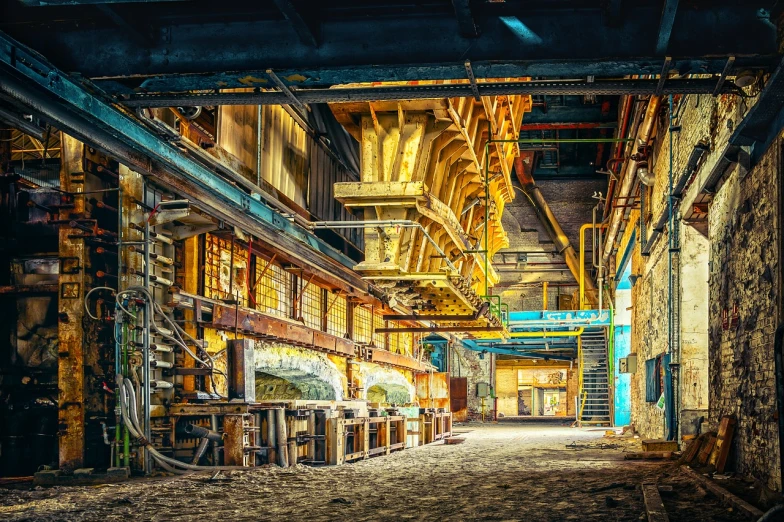 a room filled with lots of tables and chairs, by Thomas Häfner, shutterstock, smelting pit'beeple, rusty components, vintage color, tourist photo