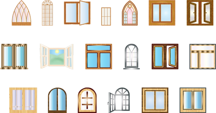 a set of different types of windows on a black background, vector art, by Nishida Shun'ei, shutterstock, renaissance, icon, many windows, wooden, highlydetailed