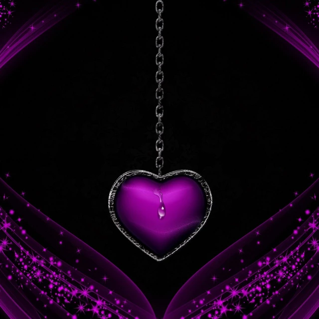a purple heart hanging from a chain, a digital rendering, by Shirley Teed, deviantart, hurufiyya, black!!!!! background, wallpaper for monitor, high res photo, fuschia leds