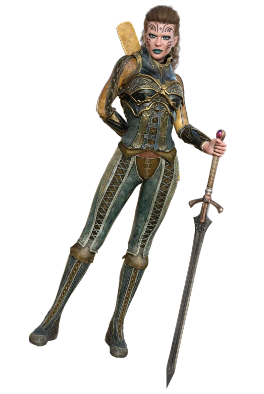 a close up of a person with a sword, by senior character artist, trending on zbrush central, full body female, bronze, highly detailed full body, full image