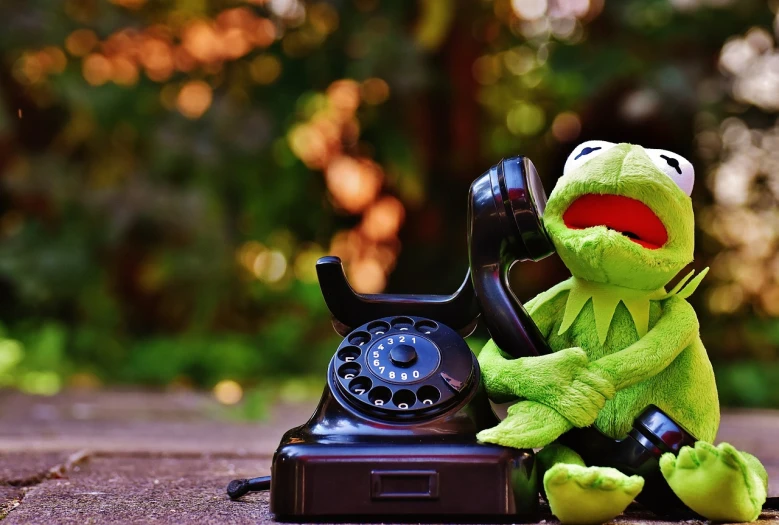 a close up of a stuffed animal on a phone, by Romain brook, pexels, peepo the frog!!!, vintage old, kermit, 🚿🗝📝