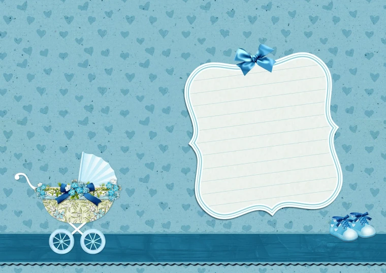 a baby carriage on a blue background with hearts, a picture, ornate border frame, digital background, bow, notebook