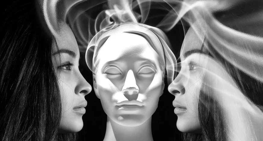 a black and white photo of three women looking at a mannequin, digital art, by Adam Marczyński, trending on pixabay, surrealism, symmetric lights and smoke, close - up of the faces, quality astral projection render, 'a human head made of glass