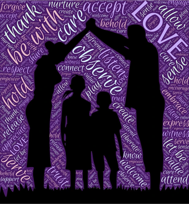 a group of people standing in front of a purple background, a photo, inspired by Aaron Douglas, pixabay, happy family, detailed silhouette, ! holding in his hand !, word