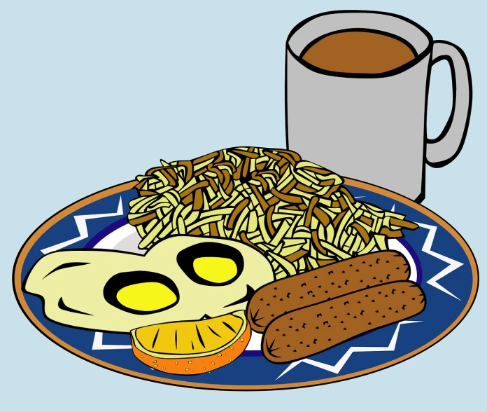 a plate of food and a cup of coffee, a digital rendering, inspired by Masamitsu Ōta, lowbrow, charles burns, spaghetti, skull, flat color