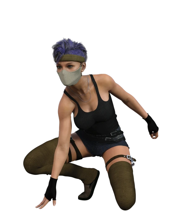 a woman sitting on the ground wearing a mask, a low poly render, inspired by Leng Mei, glamorous jill valentine, mma southpaw stance, dark purple hair and cybernetics, 3 d render n - 9