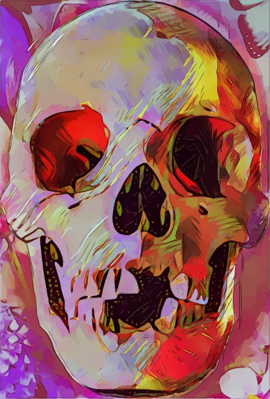 a close up of a painting of a skull, a digital painting, inspired by Otto Dix, psychedelic art, !!! very coherent!!! vector art, spooky filter, some red and purple and yellow, neutral color neo - fauvism