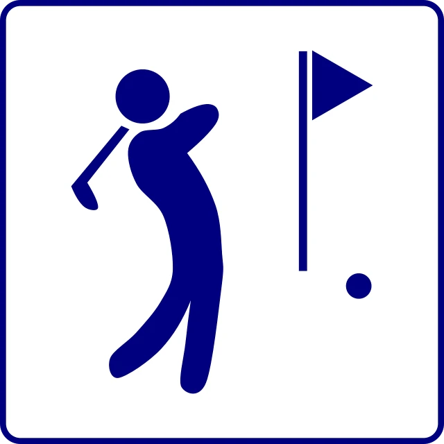 a blue and white sign with a man hitting a golf ball, inspired by Shirley Teed, pixabay, figuration libre, hieroglyphic signs, 3 2 x 3 2, basement, * * * * *