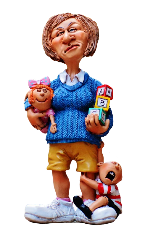 a statue of a woman holding a bunch of toys, by Krzysztof Boguszewski, naive art, wrinkles, father with child, chucky, hergé