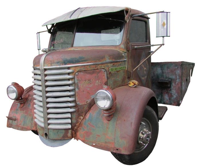 an old rusted truck on a black background, by Arnie Swekel, auto-destructive art, realistic paint job, front-view, prototype, ww2