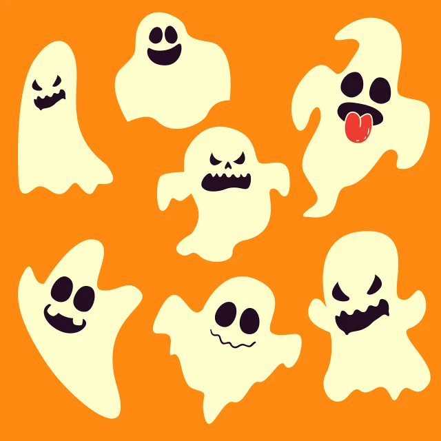 a group of cartoon ghosts on an orange background, mingei, anime set style, cute teeth, style of ghost blade, white!!