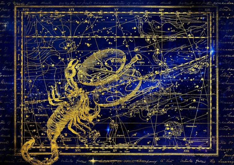 a drawing of a scorpion on a blue background, by John Moonan, space art, with a star - chart, god. dramatic gold blue lighting, georges mathieu, sea dragon