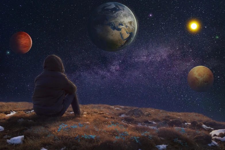 a person sitting on a hill looking at planets, cg society contest winner, space art, low detailed. digital painting, unaware of your existence, whole earth, universe in a grain of sand