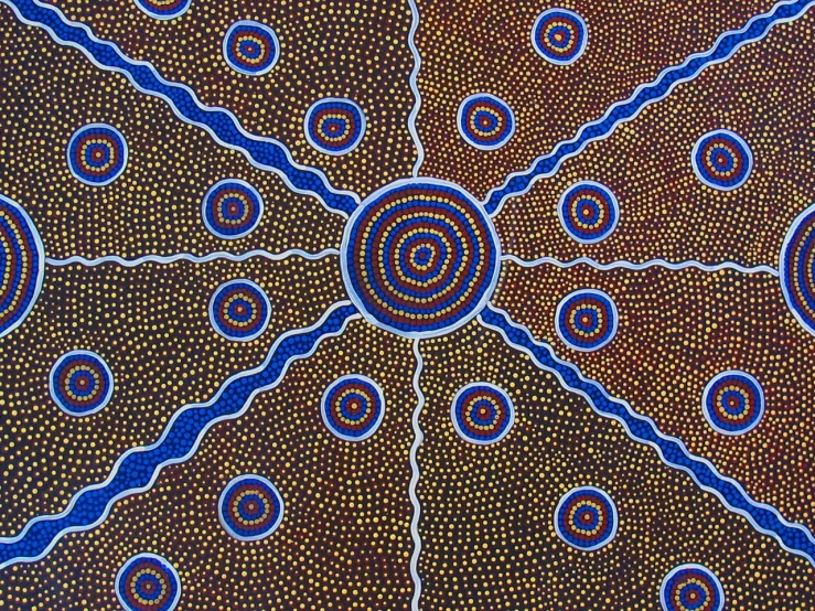a close up of a painting on a wall, an ultrafine detailed painting, by Annie Abernethie Pirie Quibell, symbolism, dot painting, australia intricate, radial, vivid