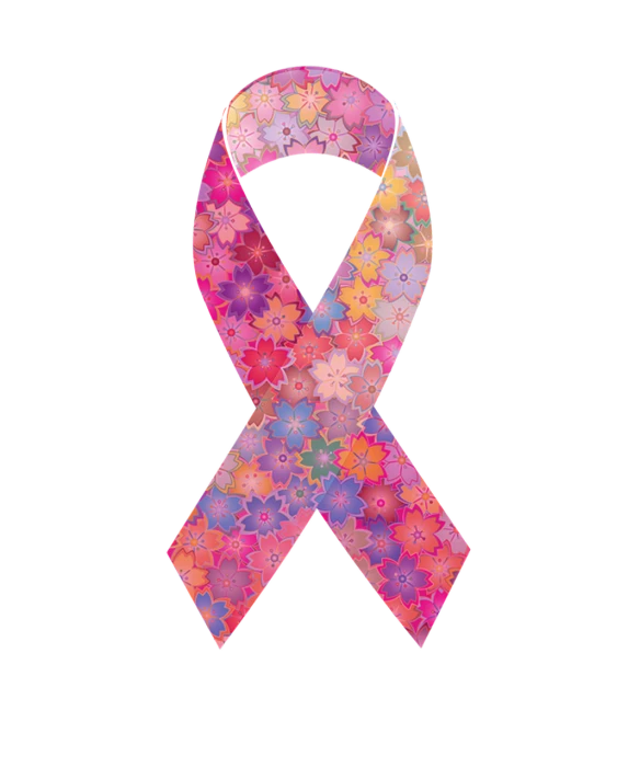 a pink flowered ribbon on a black background, a mosaic, inspired by Henri-Edmond Cross, pixabay, the cure for cancer, midsommar - t, group photo, [ colourful