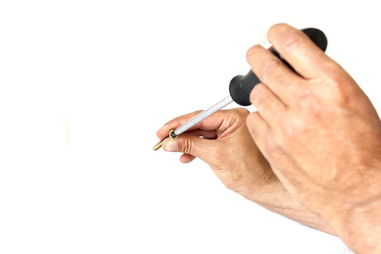 a close up of a person holding a cell phone, a detailed drawing, by Juan O'Gorman, photorealism, screwdriver, set against a white background, modern high sharpness photo