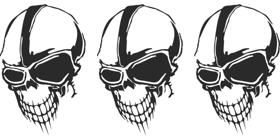a set of three skulls on a black background, concept art, by Robert Zünd, reddit, cobra, biker, ( ( dithered ) ), drawn in microsoft paint, proto - metal band promo