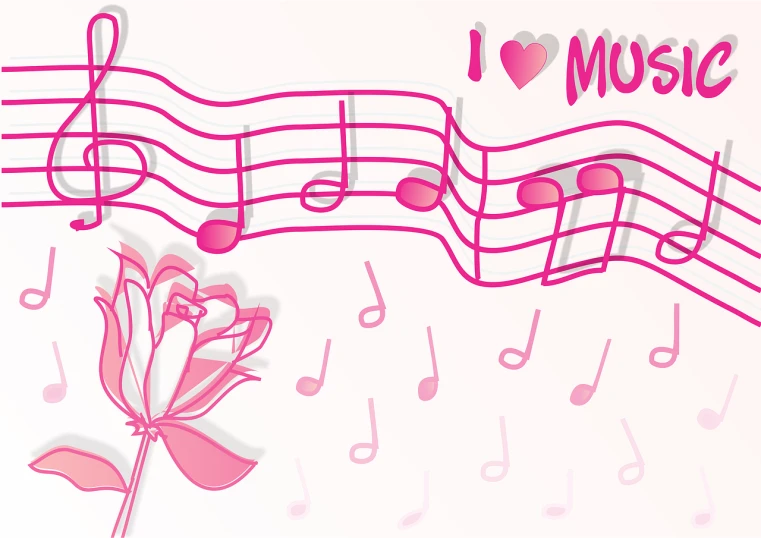 a drawing of music notes and a rose, an album cover, inspired by Song Maojin, pink hearts in the background, mom, background image, wide image