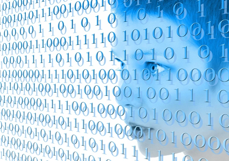 a close up of a person in front of a wall of numbers, a digital rendering, shutterstock, ascii art, stock photo, on white background, binary, pc screen image