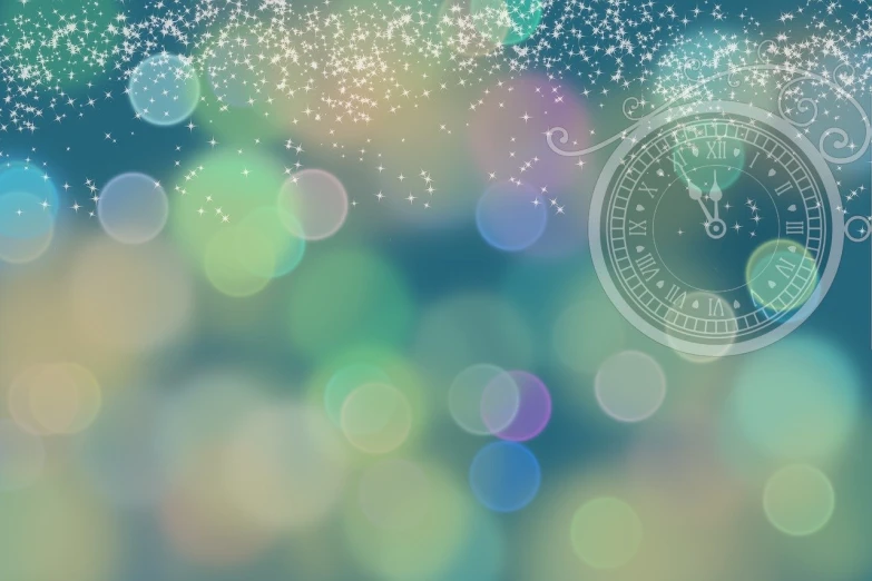 a clock sitting on top of a table covered in snow, by Emma Andijewska, digital art, green sparkles, glitter background, with a star - chart, green and blue and warm theme