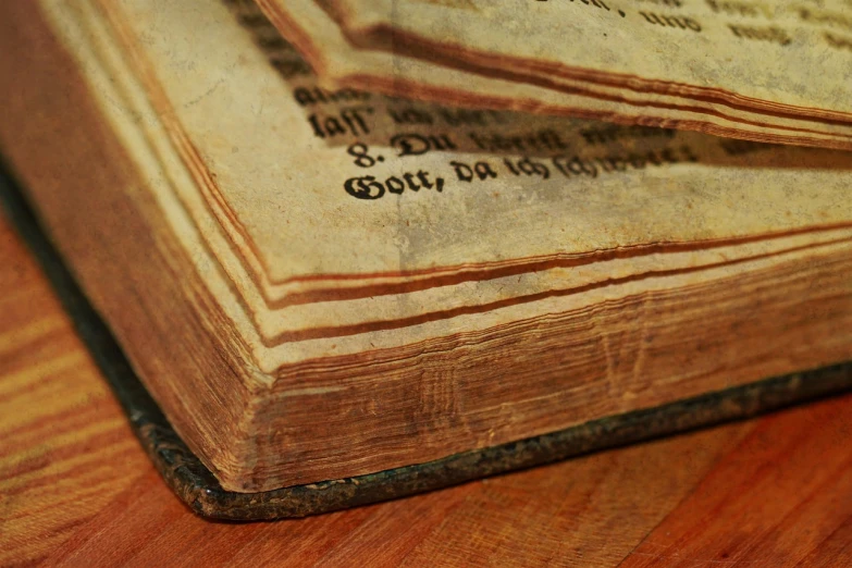 an old book sitting on top of a wooden table, by Johannes Martini, flickr, photorealistic detail, codex, bottom angle, holy