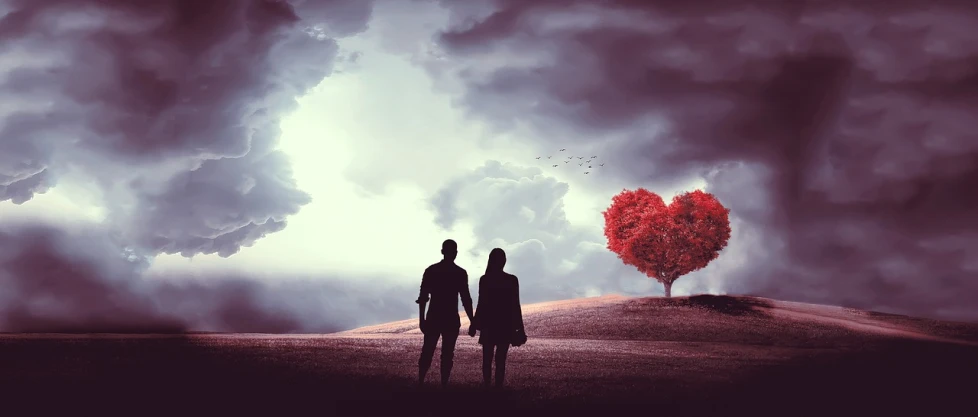 two people standing in front of a heart shaped tree, a picture, trending on pixabay, romanticism, background image, hq 4k phone wallpaper, looking away, smooth in _ the background