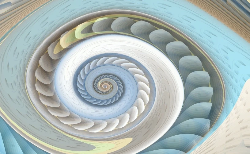 a close up of a spiral design on a wall, a digital rendering, inspired by Benoit B. Mandelbrot, abstract illusionism, bluish and cream tones, sea shell, a beautiful artwork illustration, swirling scene