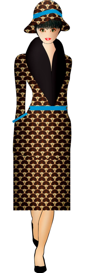 a woman in a dress and hat on a black background, inspired by Lubin Baugin, polycount, sōsaku hanga, repeating fabric pattern, brown suit vest, top - view, 1920s geisha
