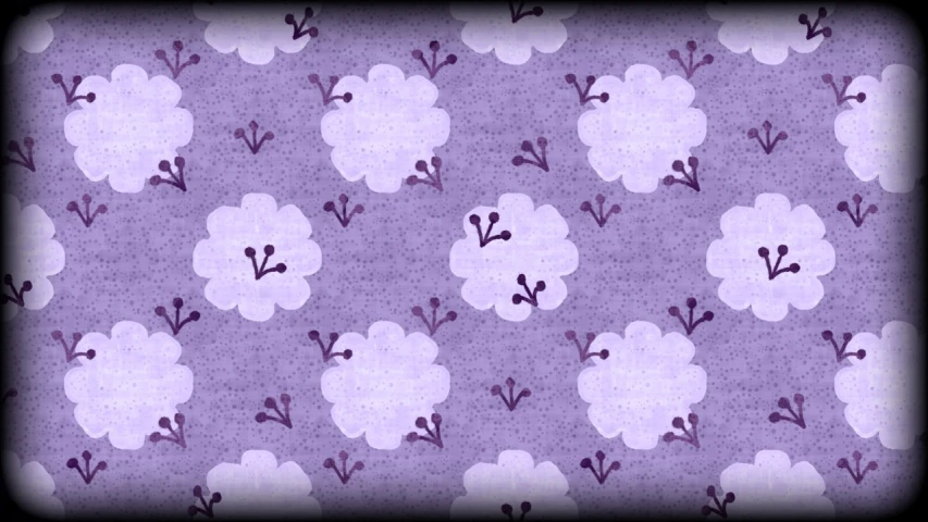 a pattern of white and purple flowers on a purple background, a digital rendering, inspired by McKendree Long, deviantart, puffy cute clouds, sheep, material is!!! plum!!!, twilight zone background