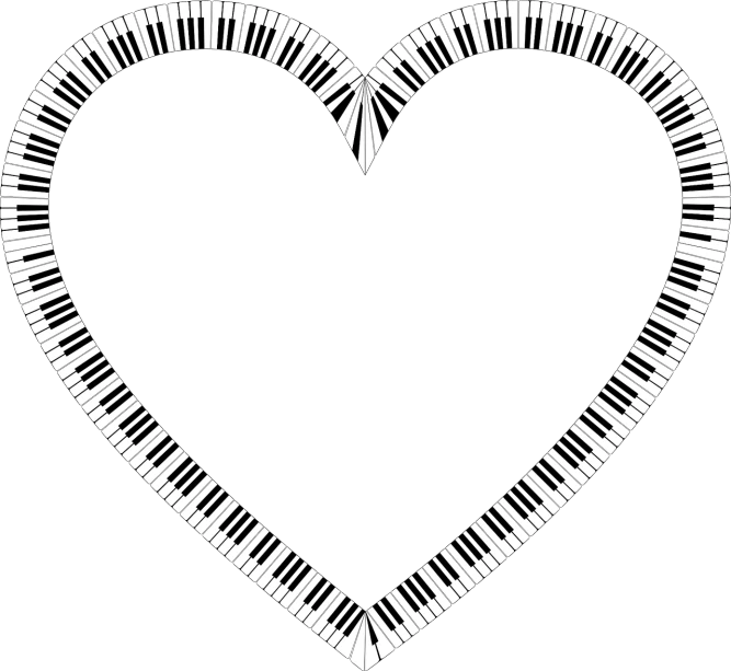 a piano keyboard in the shape of a heart, an album cover, by Andrei Kolkoutine, computer art, black backround. inkscape, black and white coloring, big, [[fantasy]]