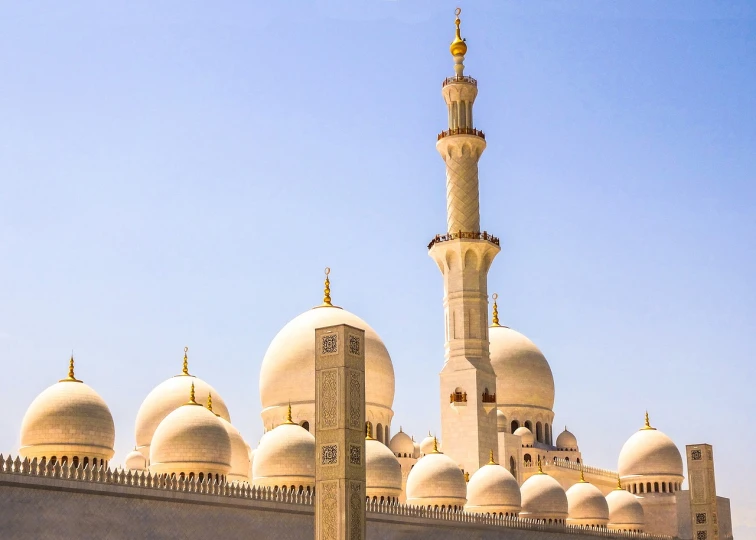 a group of people standing in front of a large white building, inspired by Sheikh Hamdullah, shutterstock, arabesque, black domes and spires, pure gold pillars, header, long neck