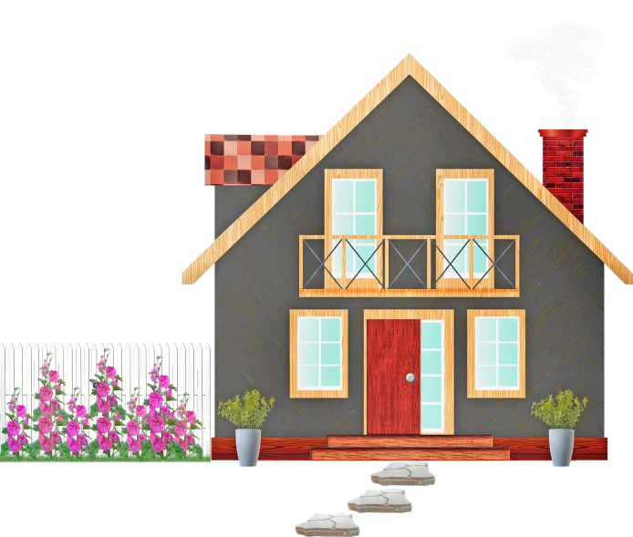 a house with a chimney and a fence, a digital rendering, pixabay contest winner, naive art, on black background, elevation view, flowery cottage, demolition