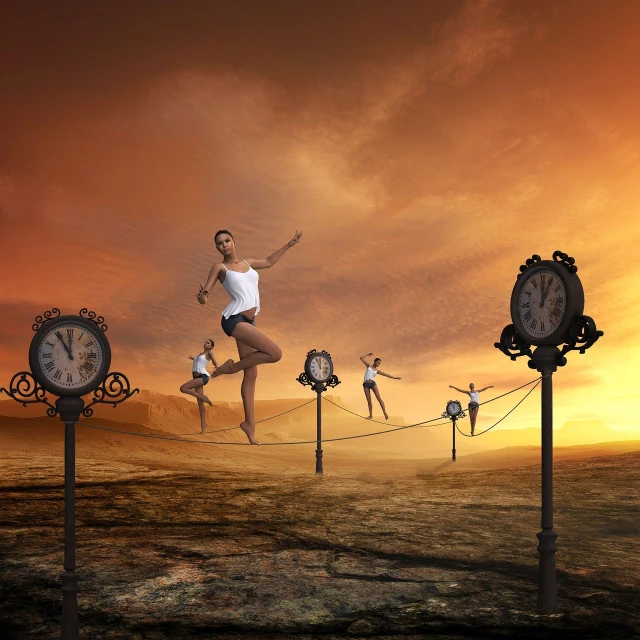a woman jumping in the air in front of clocks, concept art, surrealism, dancing on a pole, vacation photo, 2 d cg, watch photo
