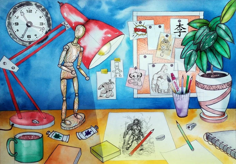 a painting of a desk with a clock and a lamp, a detailed drawing, inspired by Rube Goldberg, pixiv contest winner, process art, vivid colors anatomical, chinese watercolor style, character design humanoid, hd 3d mixed media collage