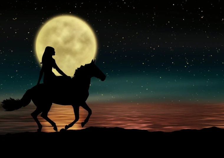 a woman riding on the back of a horse in front of a full moon, trending on pixabay, swashbuckling and romantic, night time footage, pocahontas, background image