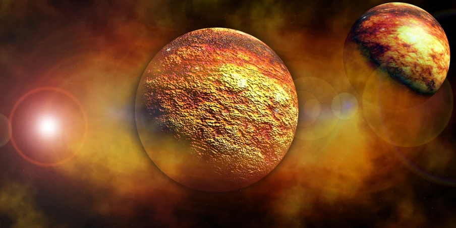 a couple of planets that are next to each other, flickr, digital art, glowing magma sphere, gold dust, big disc of planet, very detailed photo