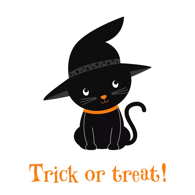 a black cat wearing a witch hat with the words trick or treat, conceptual art, on black background, card template, poster illustration, adorable design
