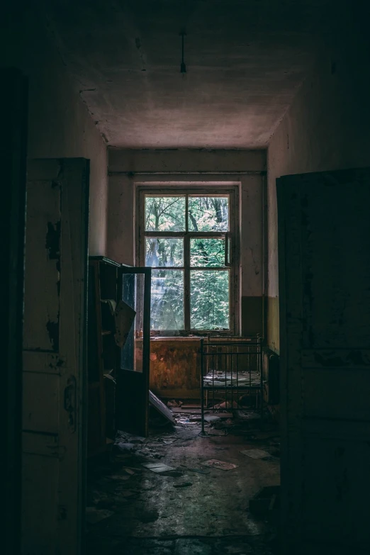 a room with a window and a table in it, by Sebastian Spreng, unsplash contest winner, bleak apocalyptic environment, forgotten and lost in the forest, andrei tarkovsky scene, warsaw