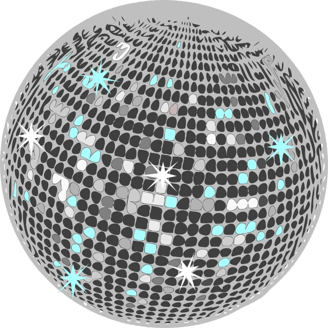 a close up of a disco ball on a black background, vector art, flickr, kinetic pointillism, white and teal metallic accents, lots of stars, no gradients, ashy